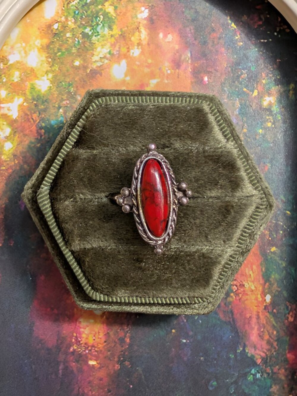 Vintage Boho Faux Carnelian Silver Tone Ring, Adjustable size 6 AS IS